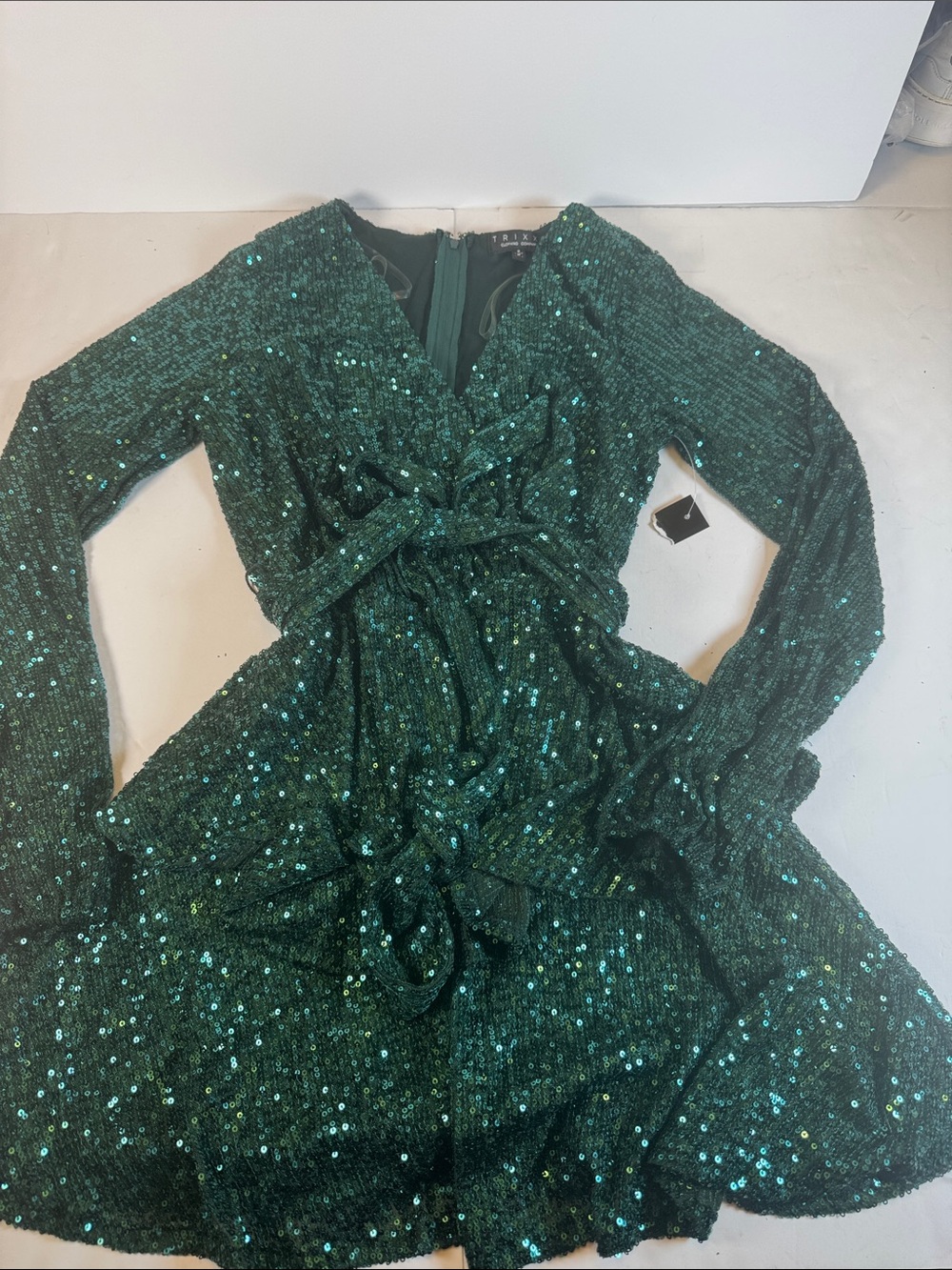 Trixxi Emerald Sequin Long Sleeve Wrap Dress